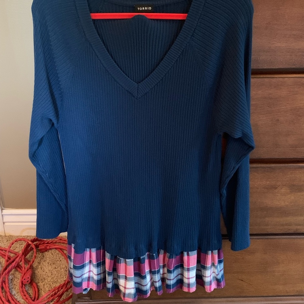 Teal v-neck sweater with faux undershirt